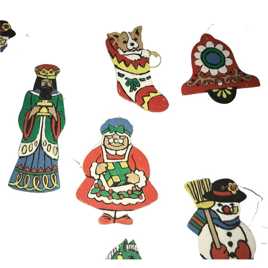 Holidays - Set of 8 Thin wood/board christmas ornaments - colorful classic look - handpainted - soldier ornament - snowman - rocking horse,