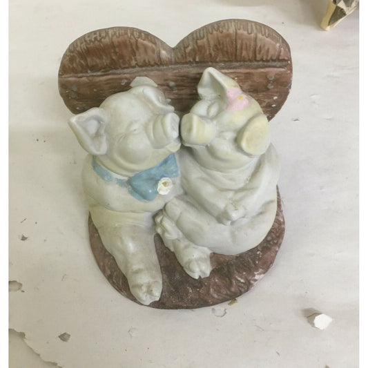 Kissing Pigs Figurine - Sitting on Heart w blue bow and pink bow