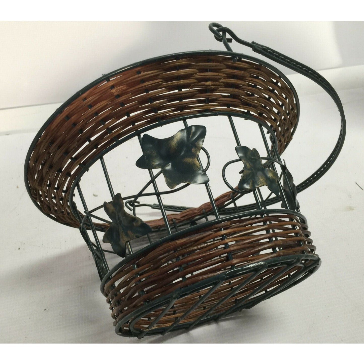 Decorative Metal Wire Basket w Wicker & Tall Handle - Metal Leaves