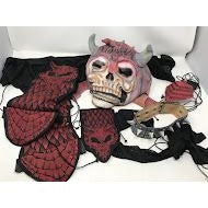 Skeleton horned halloween mask with cape, shin covers etc All items shown included - good condition