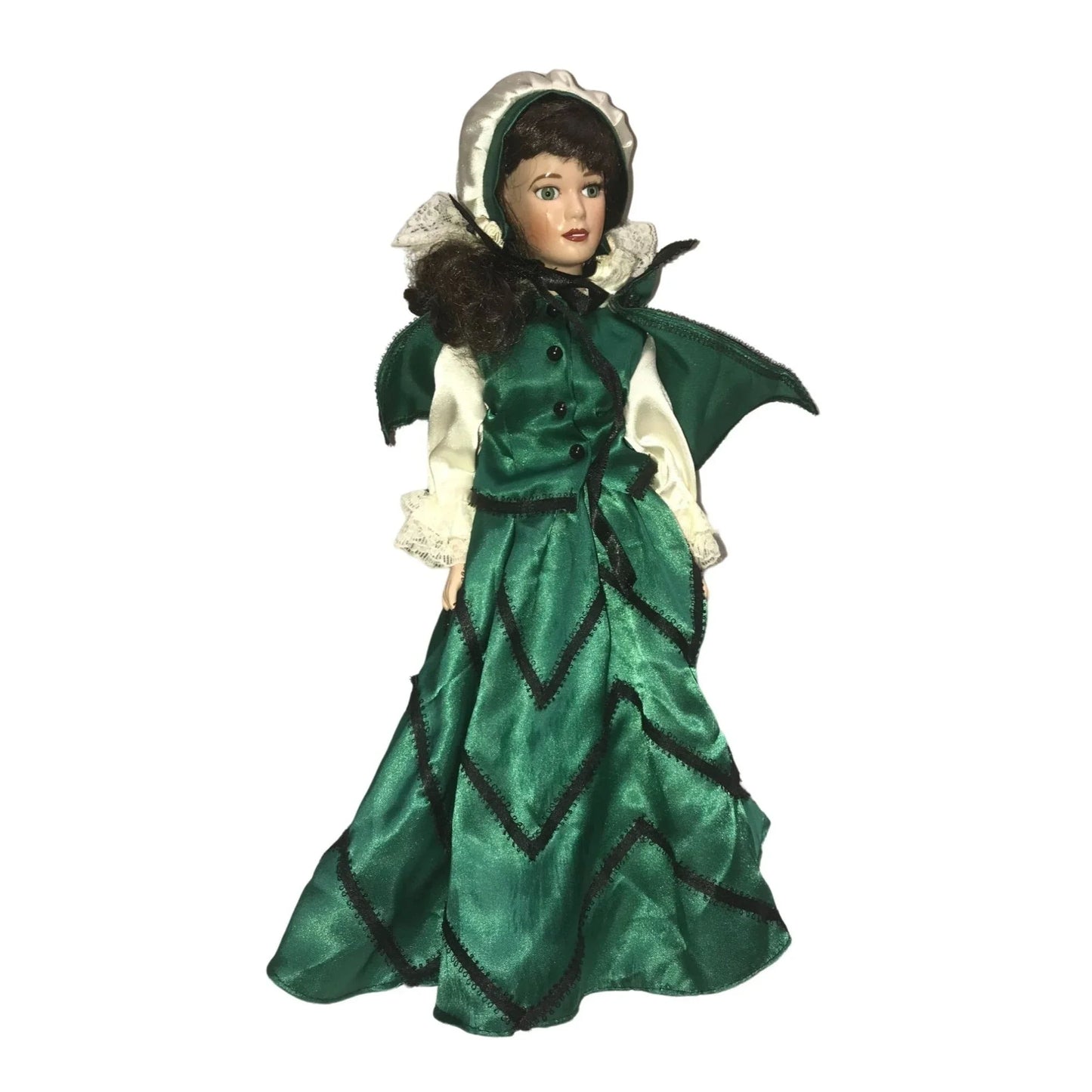 Royalton Collection 1998 porcelain doll - dark hair green silky dress - wig coming loose (need re-glued) - bright beautiful eyes - shoes pai Royalton Collection  A+ Stuff