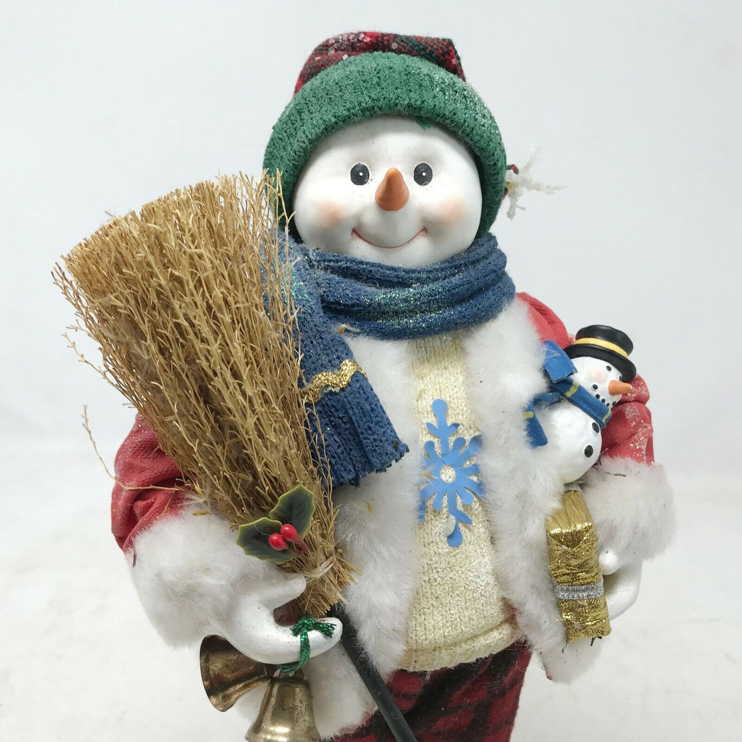 Smiling SNOWMAN with Broom and Bell CHRISTMAS Decor Holidays Xmas