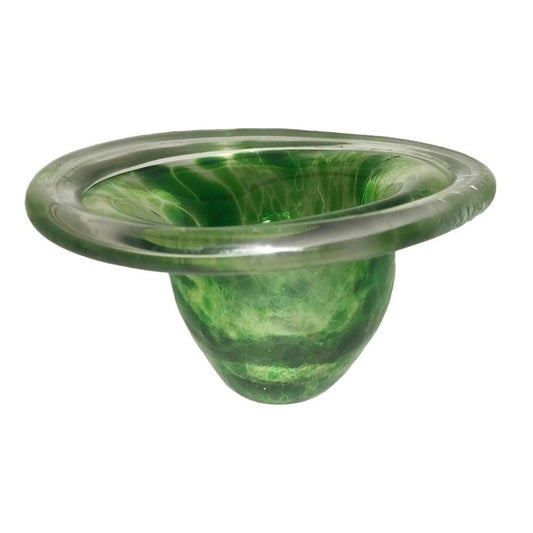 Pretty GREEN Art Glass Dish or Holder - green and bubble spatter look - clear dish or holder RIng Top and flat bottom to sit upright