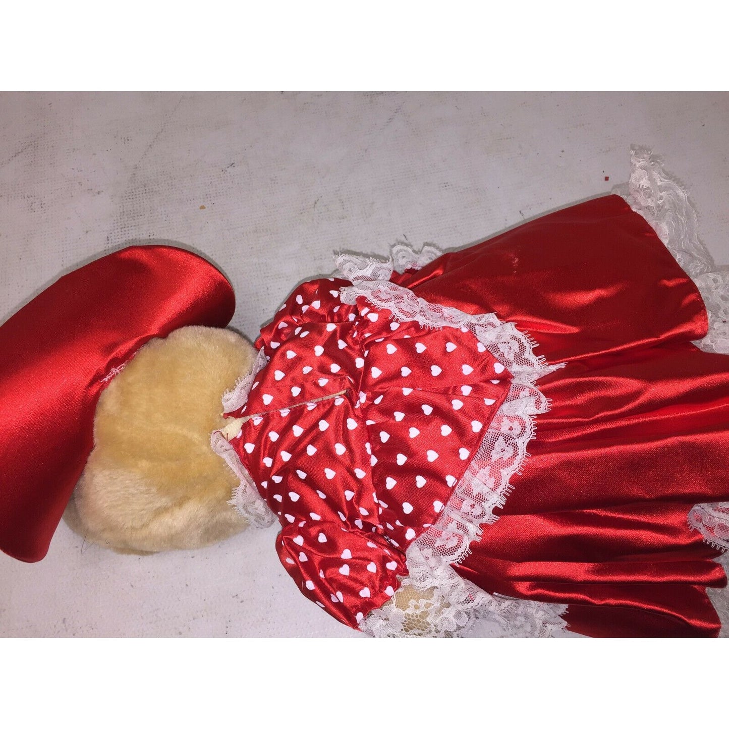 Jointed TEDDY BEAR in Red Satin Gown and Hat (Valentines or Xmas)