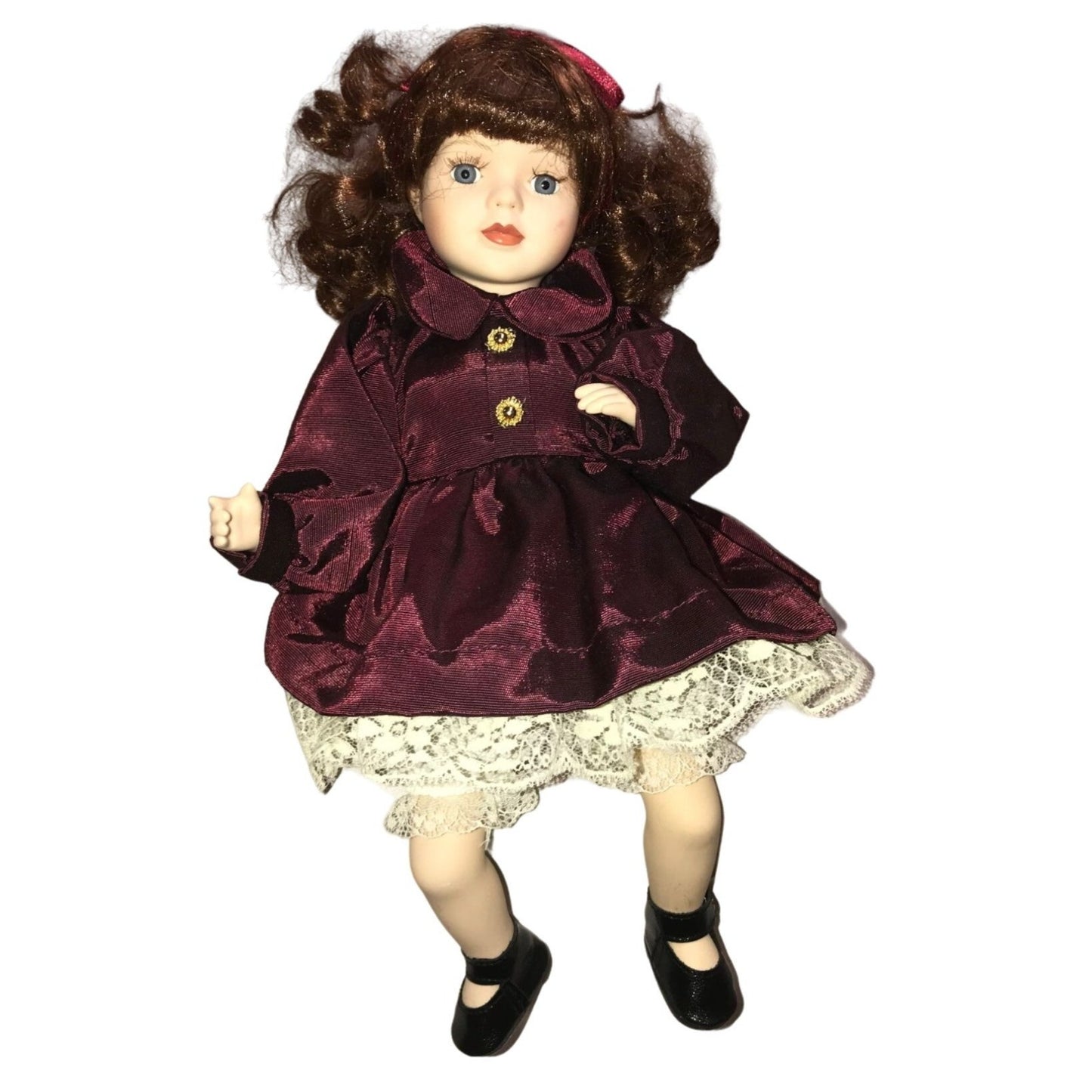 Cute Bright Eyed Brunette Porcelain Doll (Sitting Position) - Burgundy Dress and Mary Jane SHoes