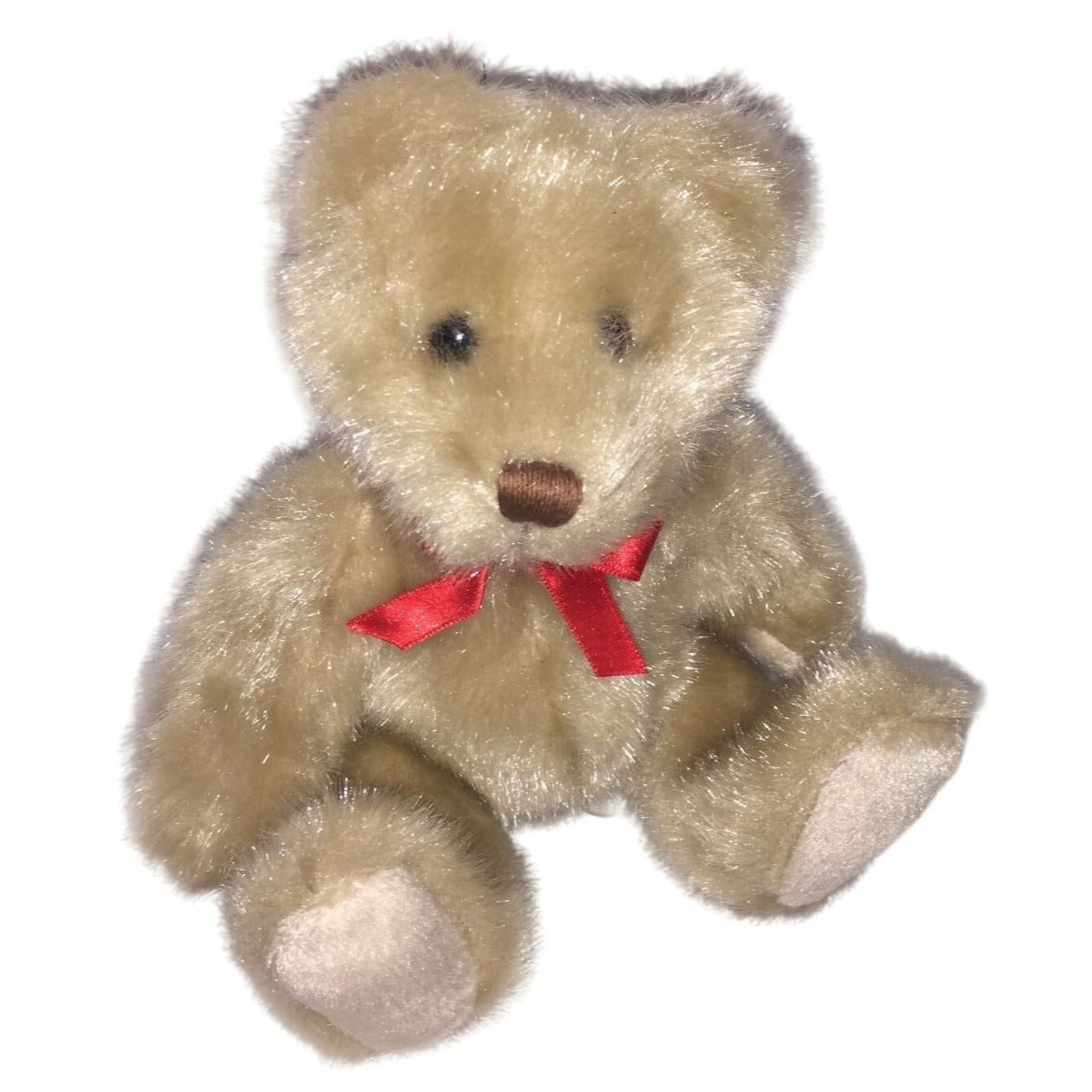 Vintage Tan Jointed Teddy Bear with Deep Red Ribbon. 7" Tall ( when sitting) - Would be a Great holder for a Holiday Gift!