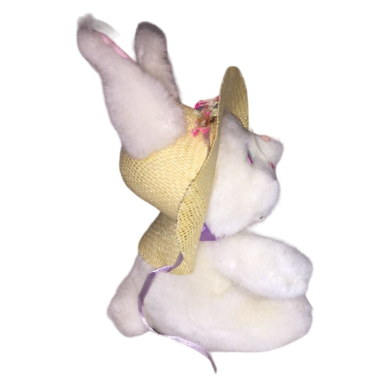 LILY - Plush White Rabbit with Straw Hat, Purple Bow and Pink Above Eyes -  Easter Bunny