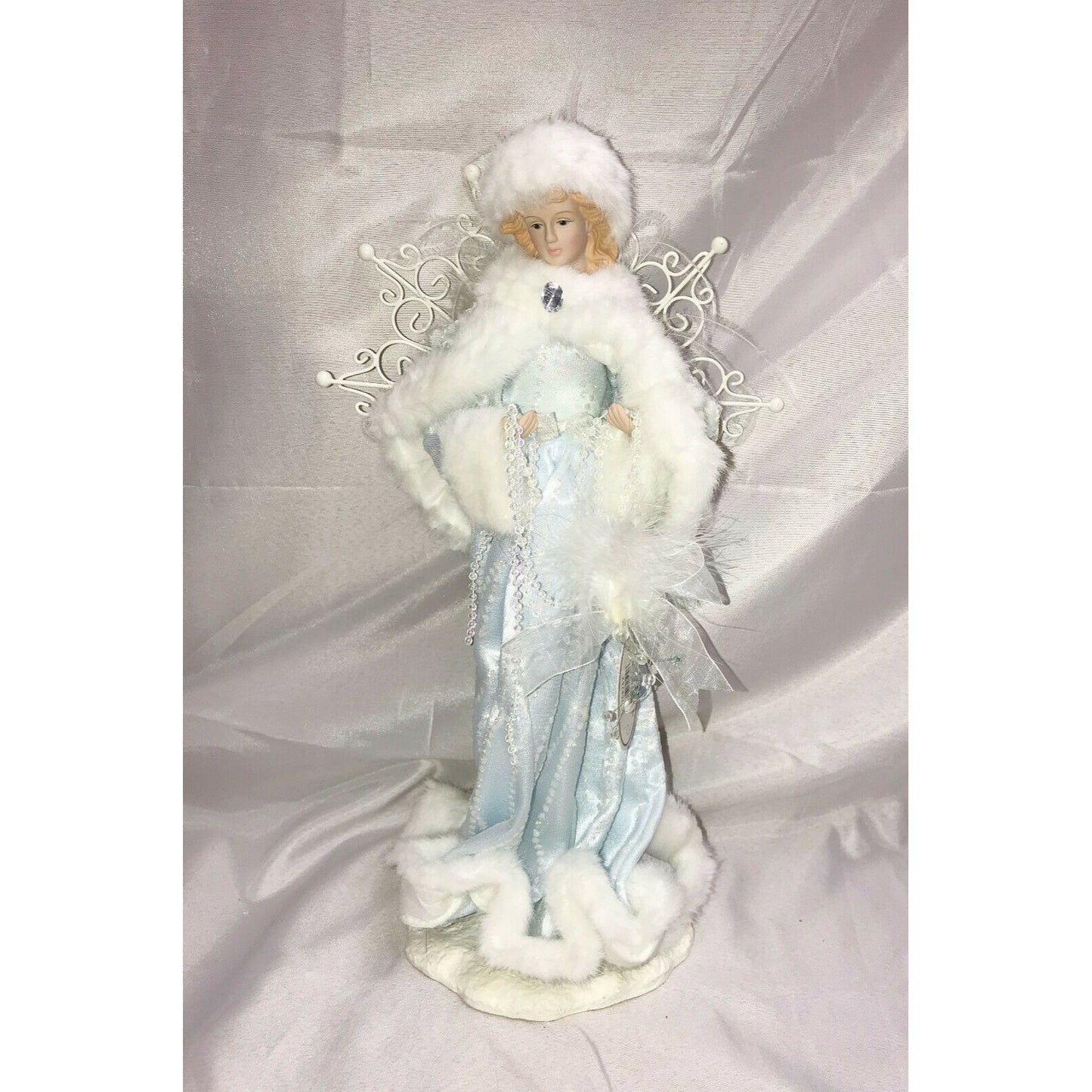 Porcelain Christmas Angel on Base White Fur & Blue Gem Beads Gown