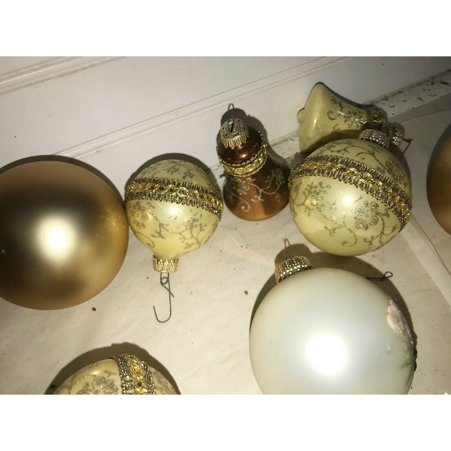 White & Gold CHRISTMAS ORNAMENTS Bell HANDPAINTED Holiday Decor