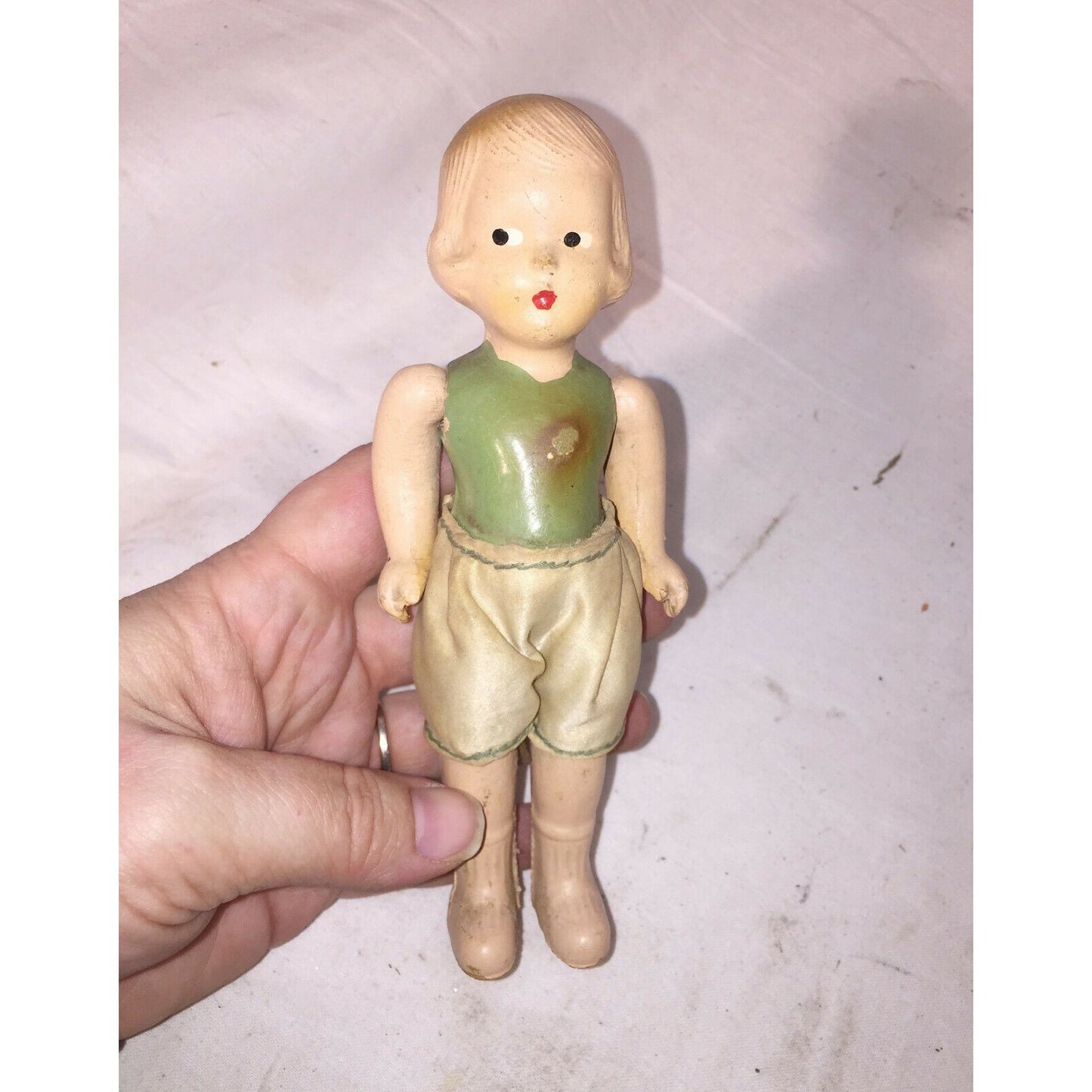 6" Antique BISQUE Doll w Pursed Lips Green Body Satin Shorts Cute