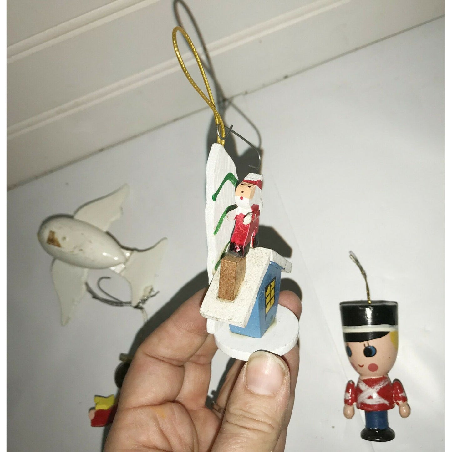 Vintage Wooden CHRISTMAS TREE Ornaments Angel Soldier, House Bird