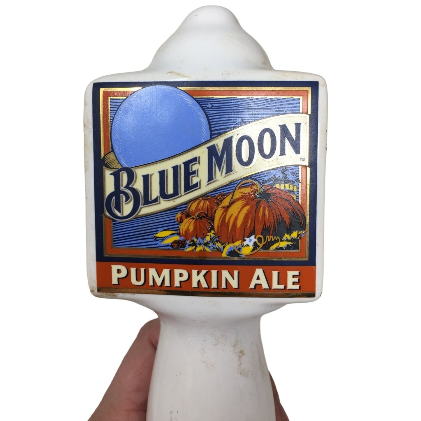 Blue Moon PUMPkin Ale Beer Tap Handle - White eramic with Triangular Head - Man Cave - Barware