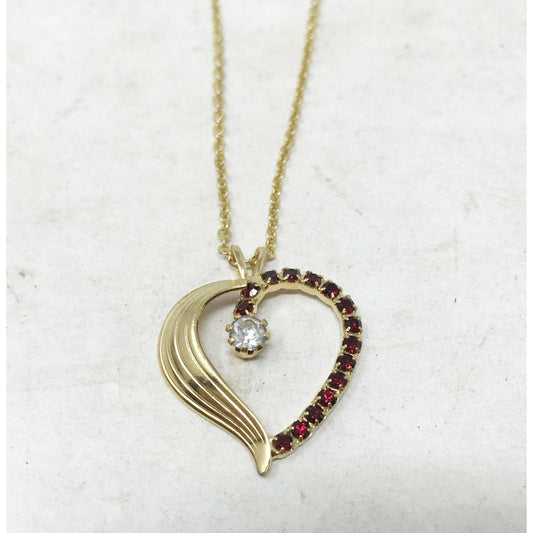 Gold Tone HEART Pendant on thin chain NECKLACE Red & White Stones