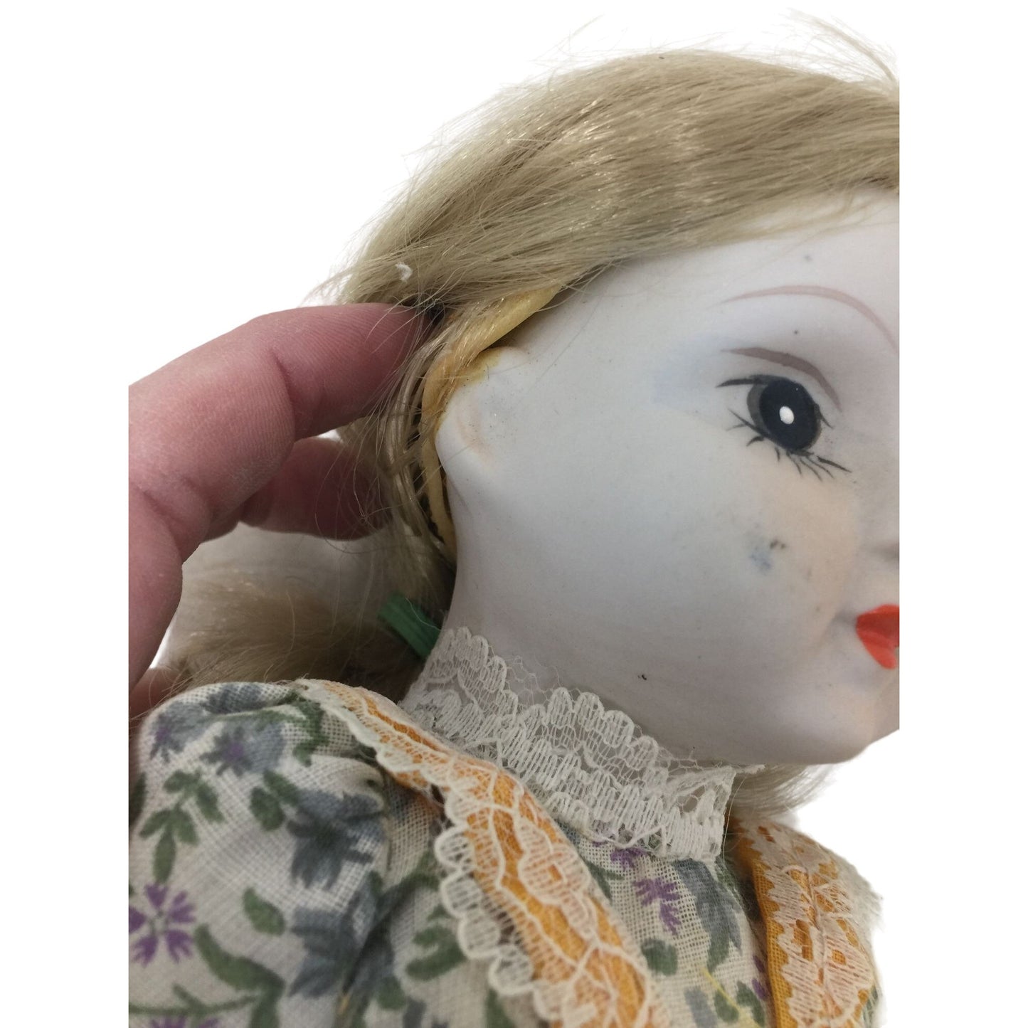 White porcelain Doll with Red Lips and Floral Print Dress with Yellow Apron - Porcelain Head, feet and Hands -