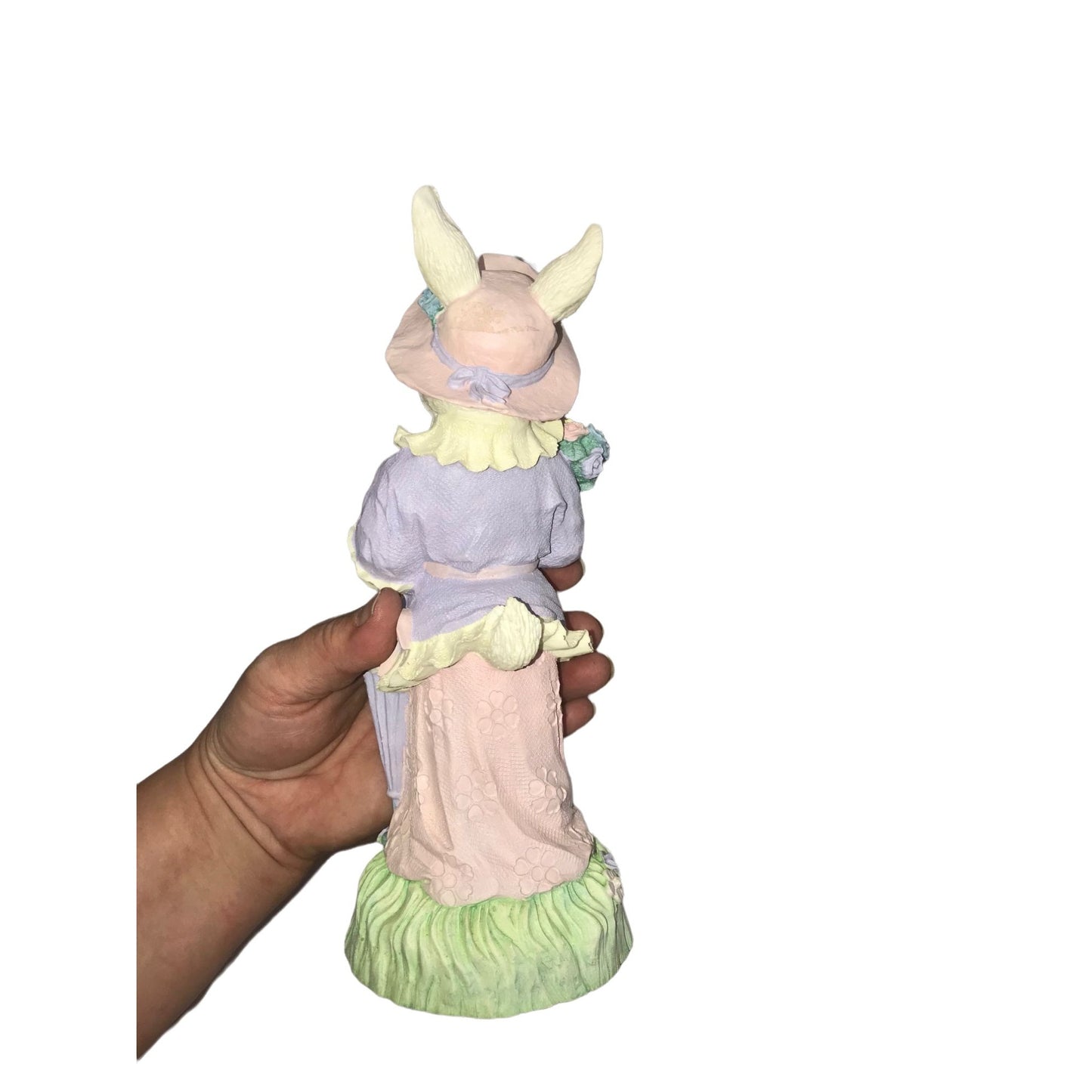 Windsor Collection Collectible EASTER BUNNY Figure. White Rabbit in pink and purple Dress w Umbrella, Hat and Flowers