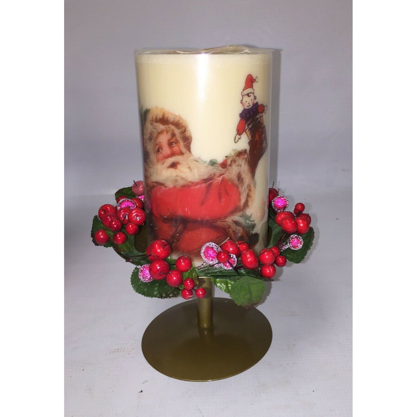 Christmas Decorative Candle w Smiling SANTA CLAUS Design, Wreath