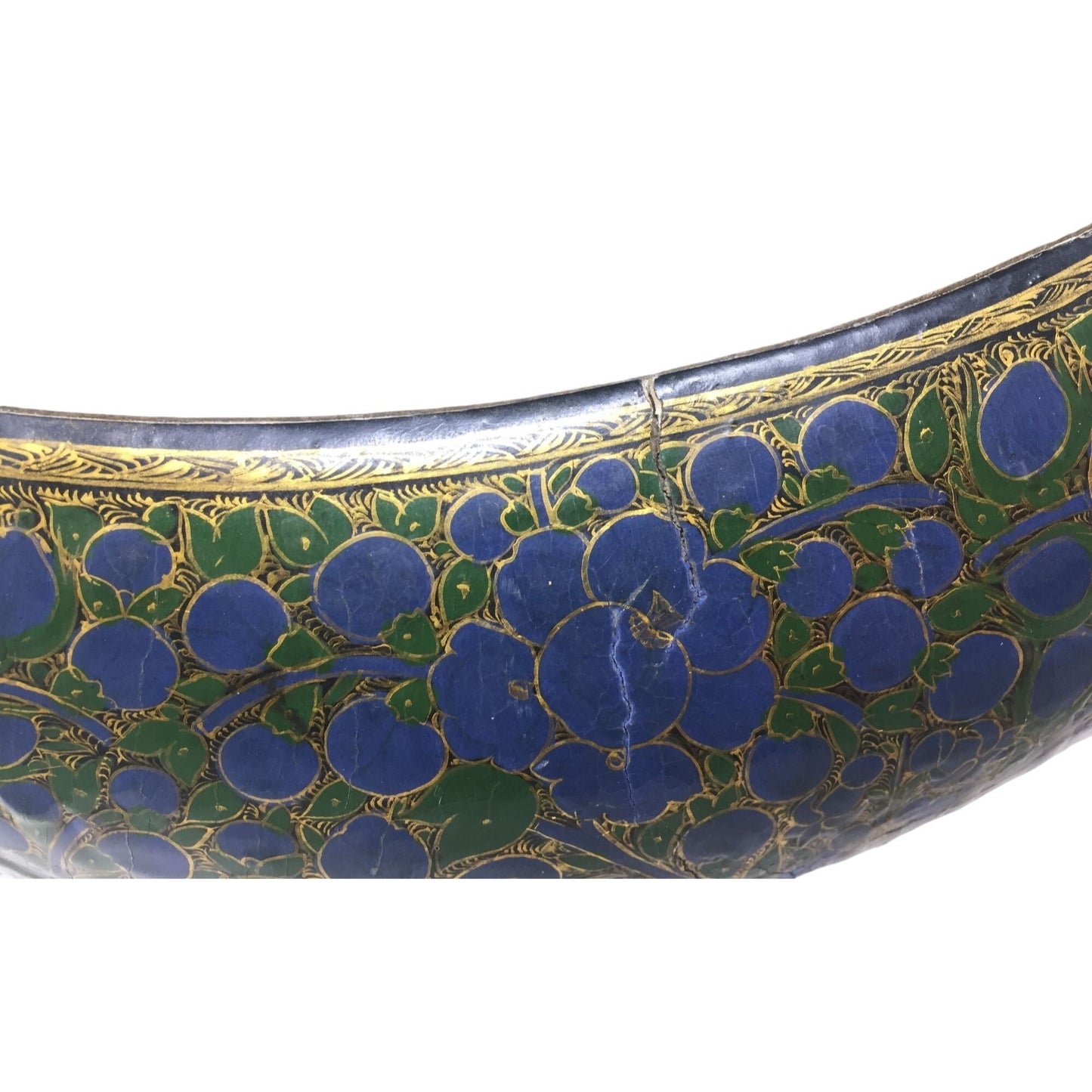 Large Vintage Kashmiri Beggars Bowl made in Kashmir India - Beautiful Blue Green Design