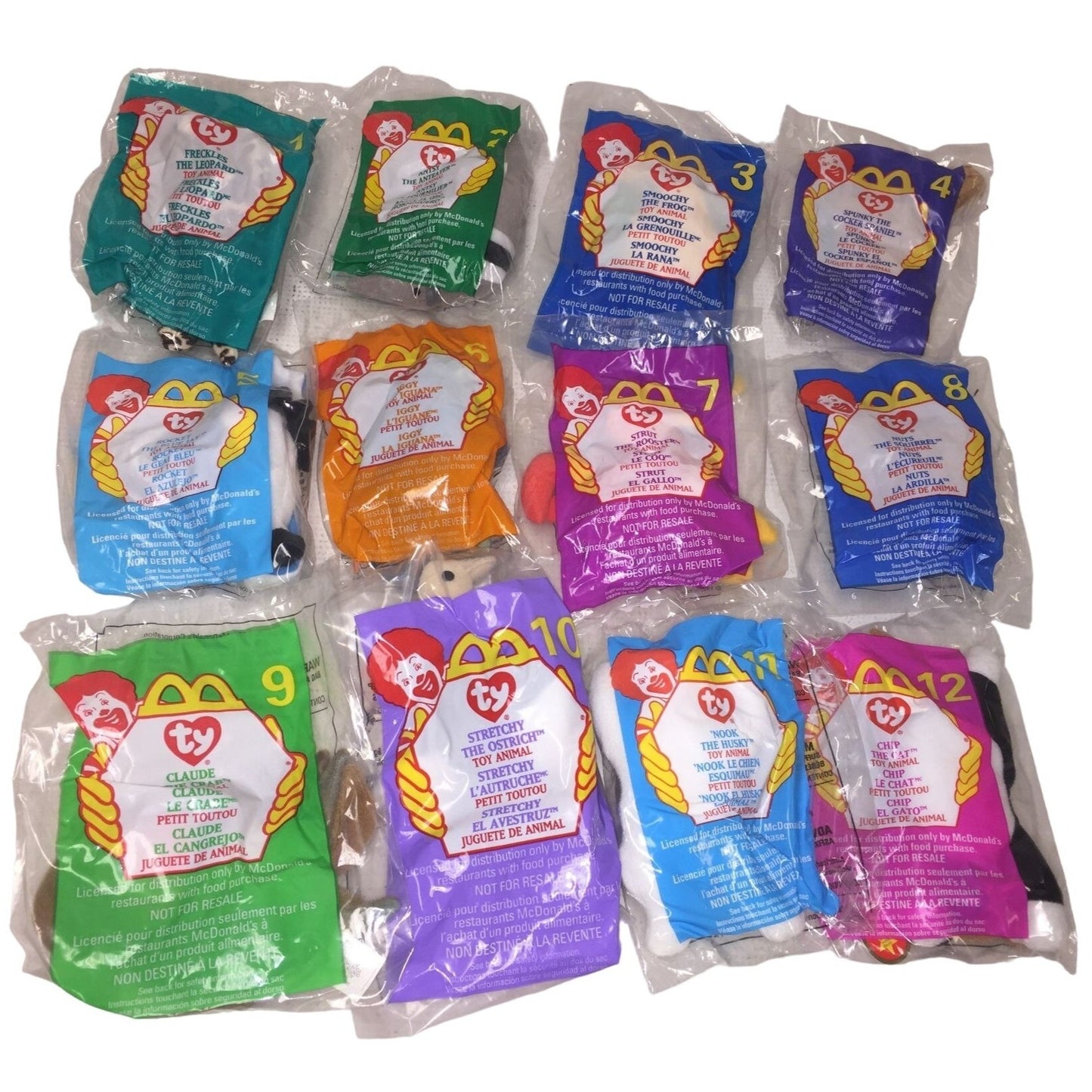 McDonalds Restaurant Kids Meal Toy Set (1-12) Ty Beanie Babies 1999 Promotion - New in Sealed Bags - Miniature beanie Babies