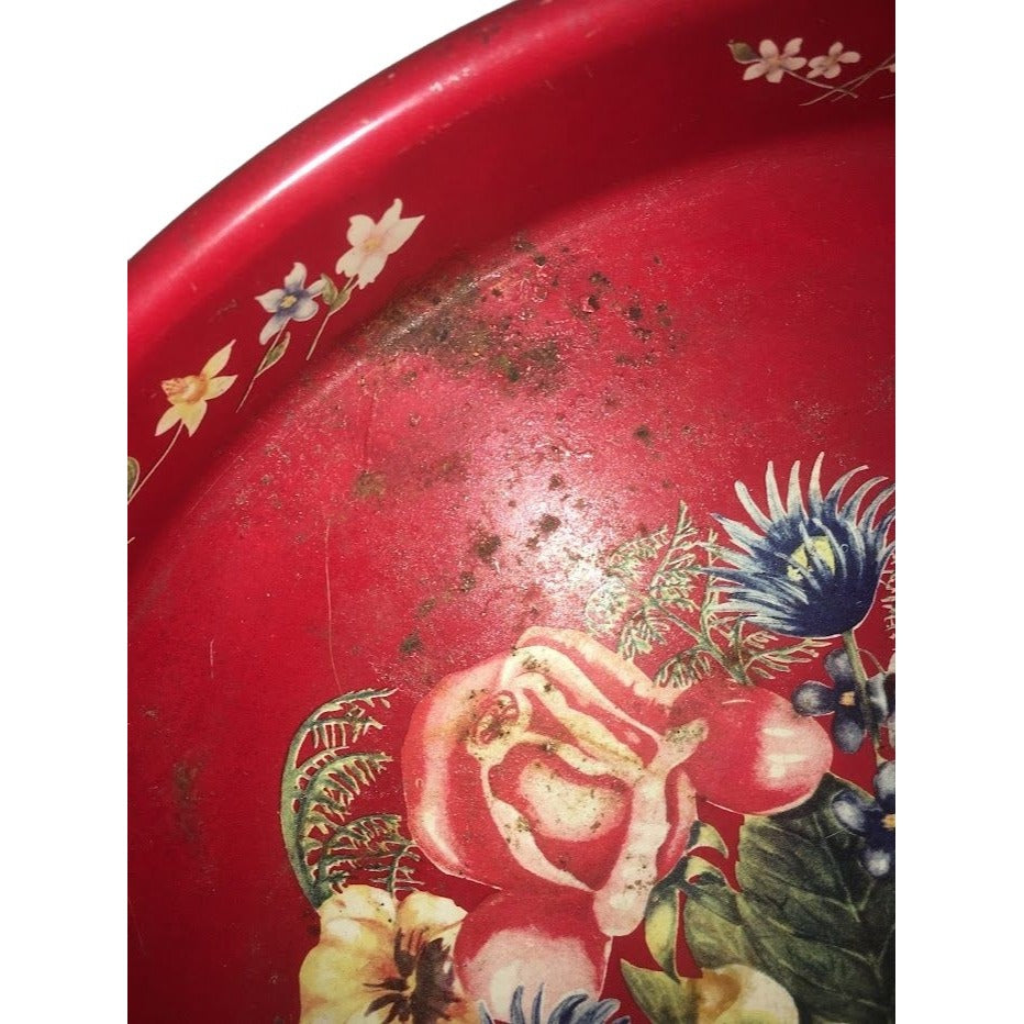 Red MASONWARE Round Tray with Floral Bouquet Art in center - Some spots of wear / rust (see photos) - Great Retro Find