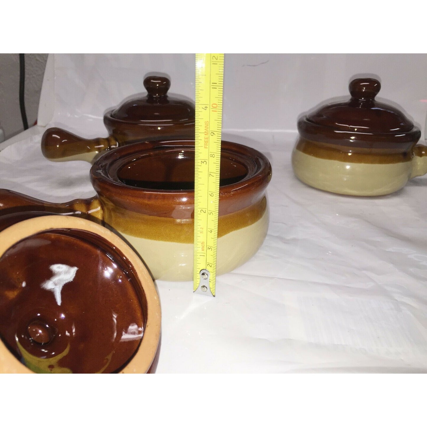 Stoneware HANDLED BOWLS w LIDS Set of 3 Brown French Onion Soup