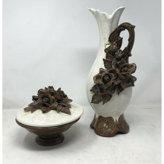 Beautiful Vintage Pitcher and Dish With Sculpted Flower Lid