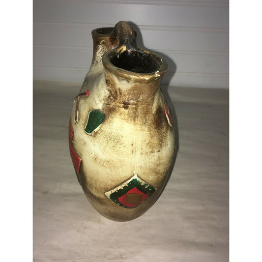 ART POTTERY Incan/Mayan Art on this Double Mouth Distressed Vase