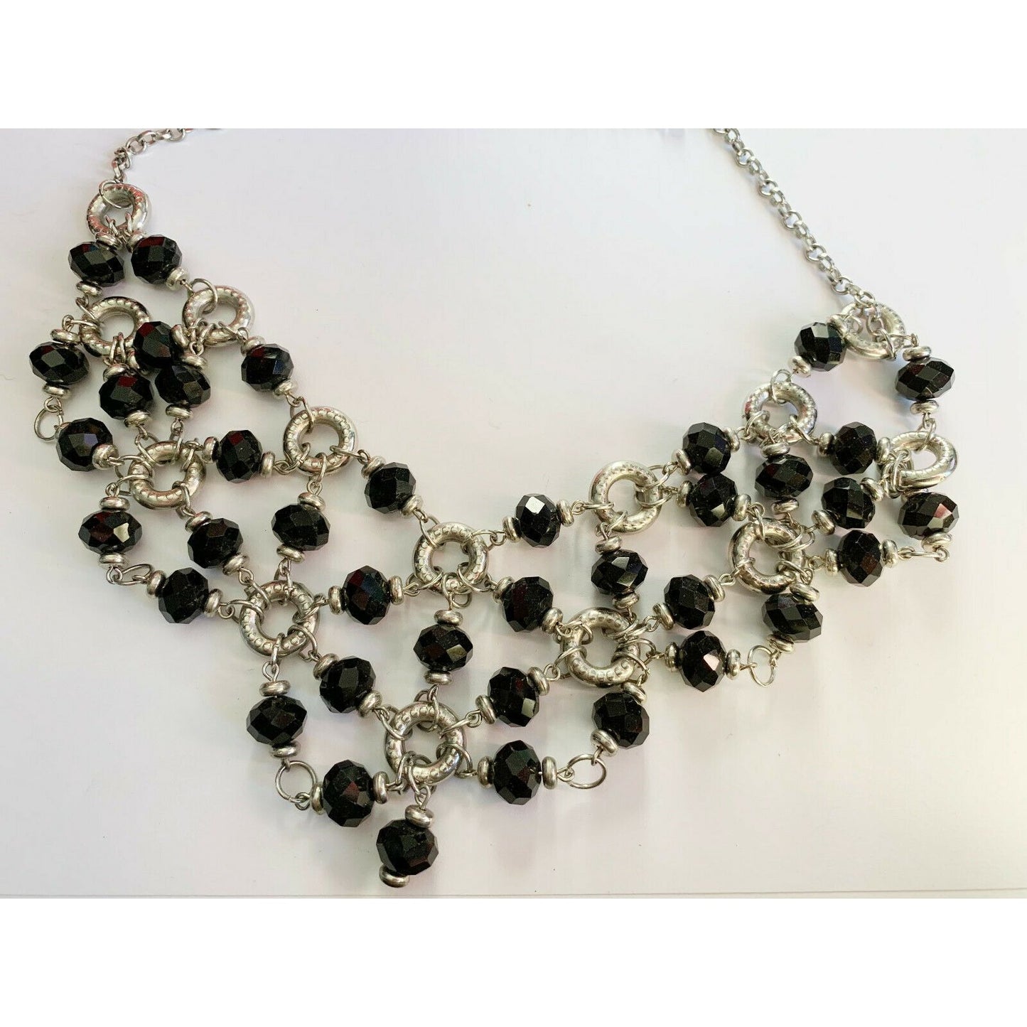 DRAPING Black Bead and Silver Tone Ring NECKLACE 21" Jewelry Gift