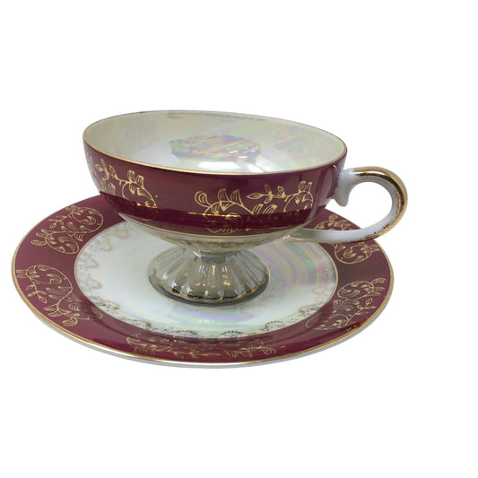 Beautiful Teacup and Saucer Set - Red and White with Gold Accents - Footed Teacup w Iridescent Finish