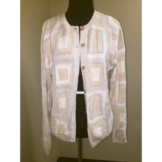 Talbots Womens White Beige Tan Geometric Button Down Sweater - Size S - some discoloration on left sleeve- may wash out