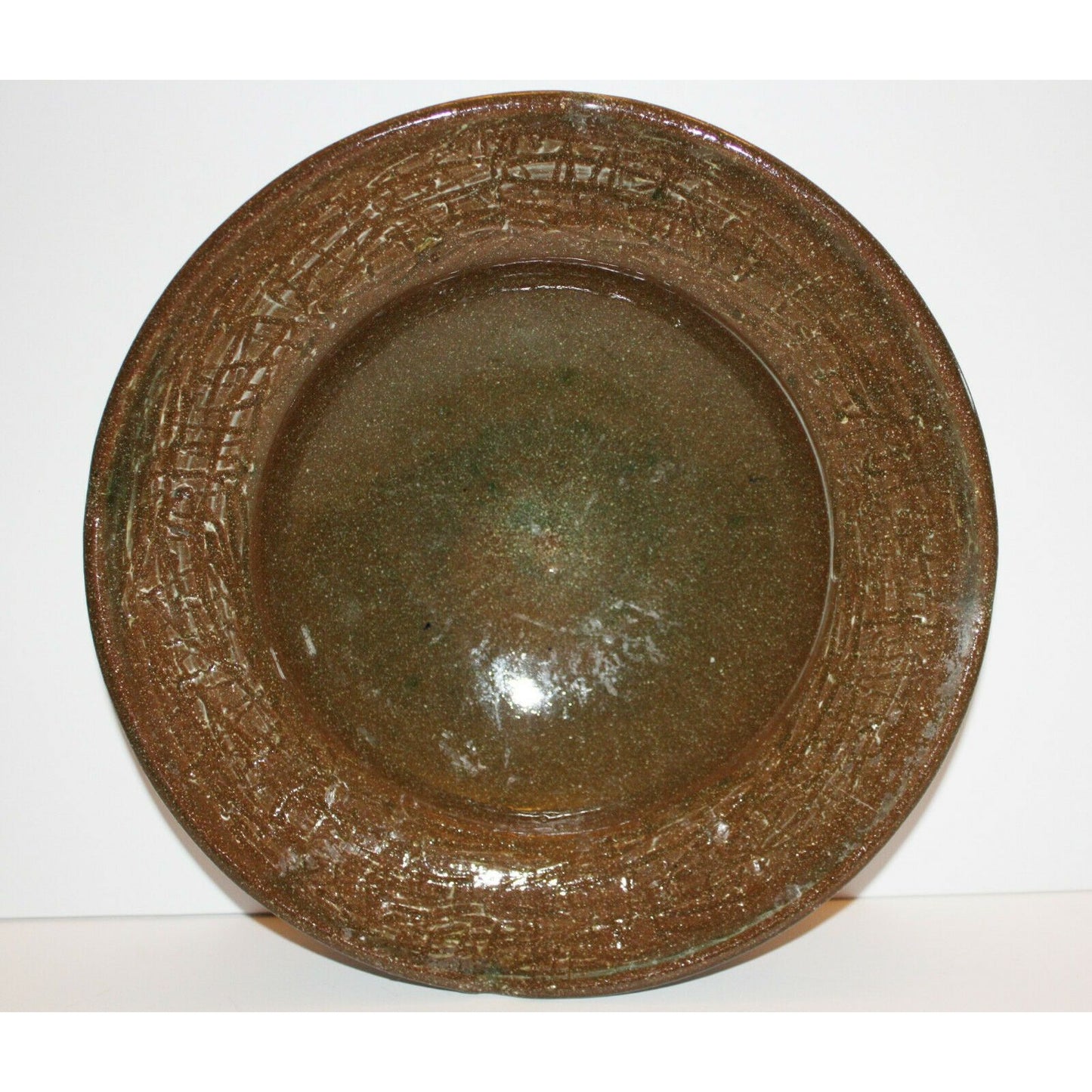 Signed POTTERY Large Bowl SIGNED Greenish Brown Handmade CLAY Art Pottery 11”