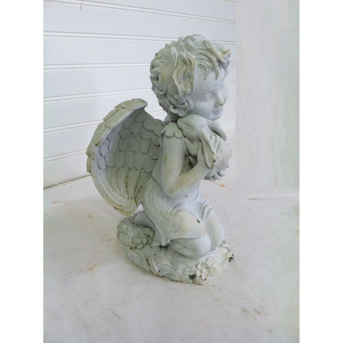 Smiling CHILD ANGEL Embracing Bunny GARDEN STATUE Lovely Details