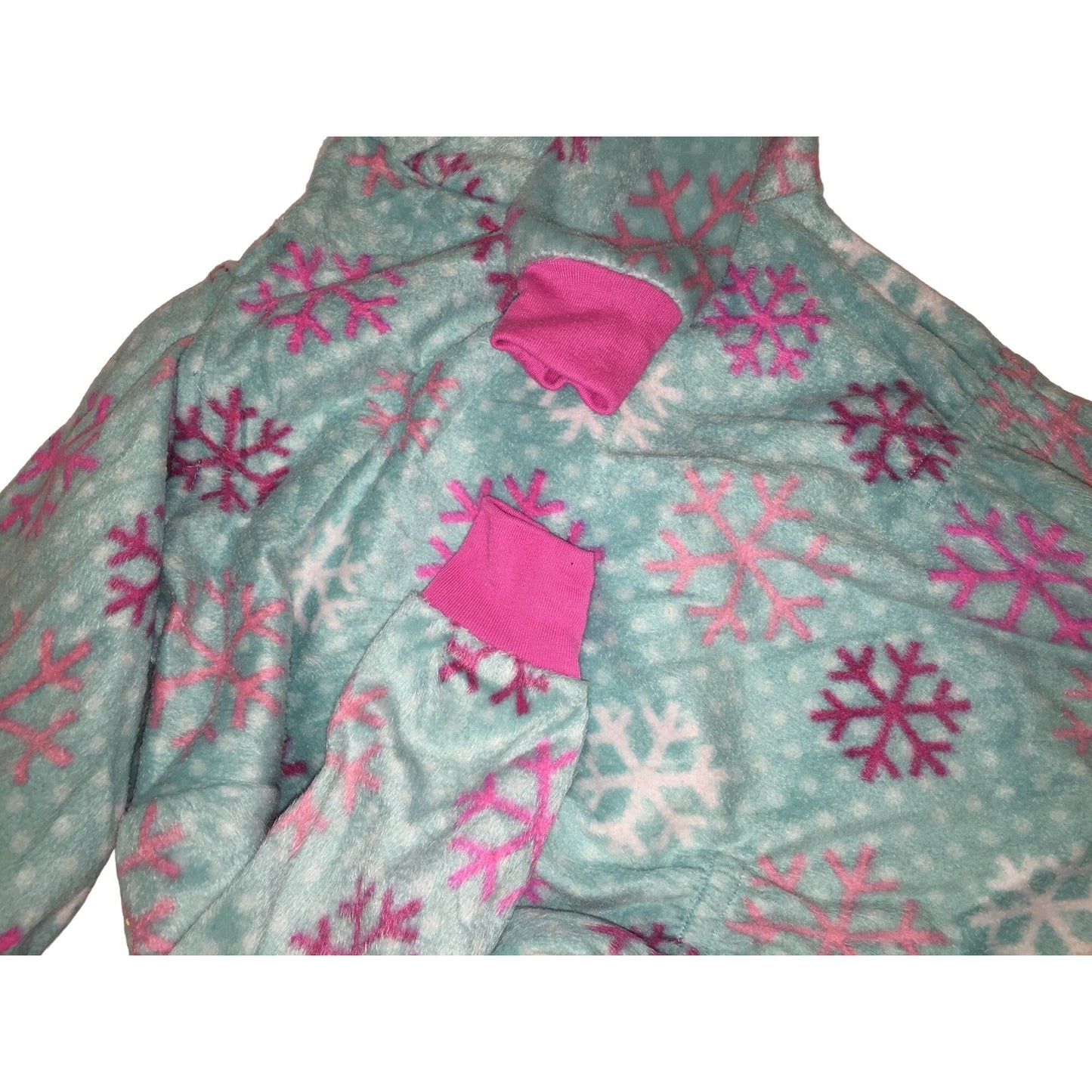 Komar Kids Blue one Piece Pajamas with pink snowflakes and cuffs and hood Size 6