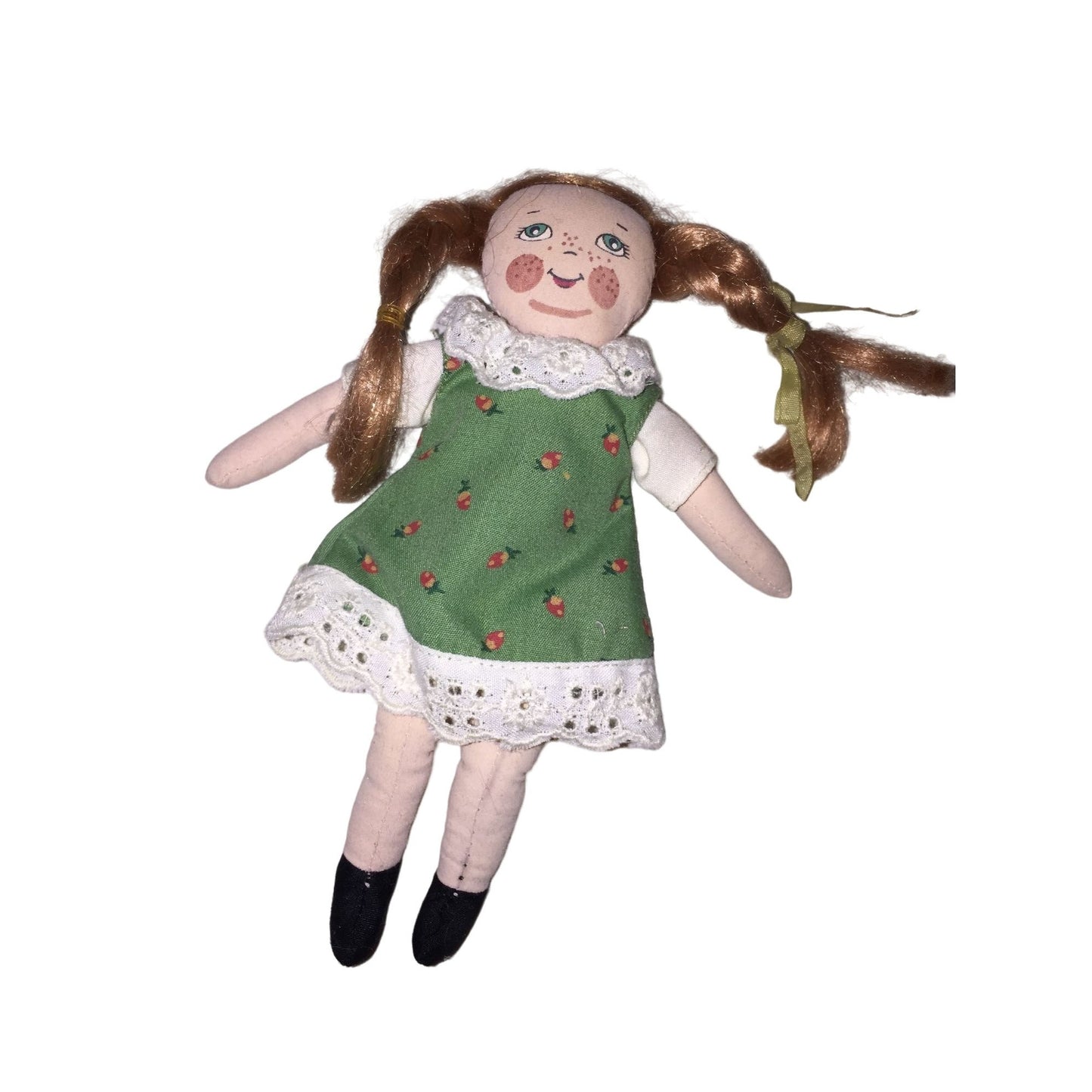 Small Companion Doll for a Larger Collectible Doll Braided Pigtails and Green pattern Dress