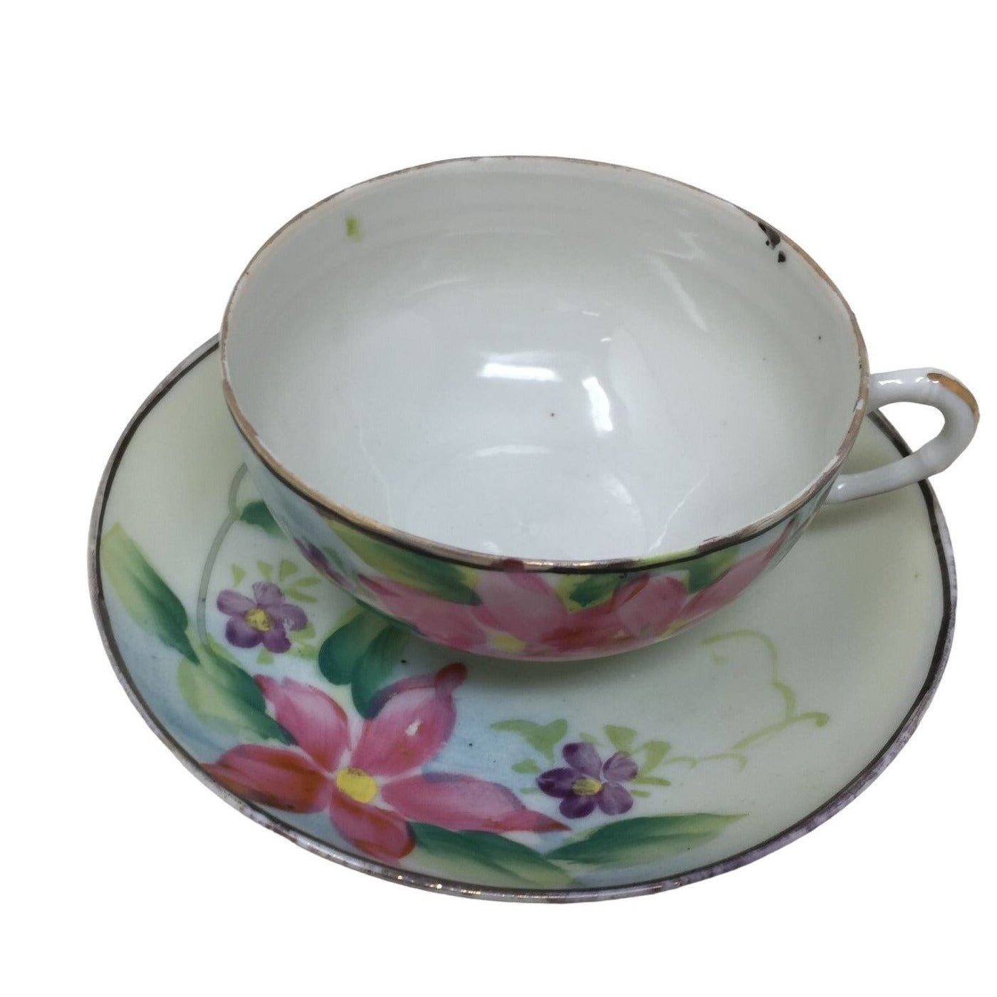 Vintage Hand painted Tea Cup and Saucer Set Pink and Purple Flowers with Leaves