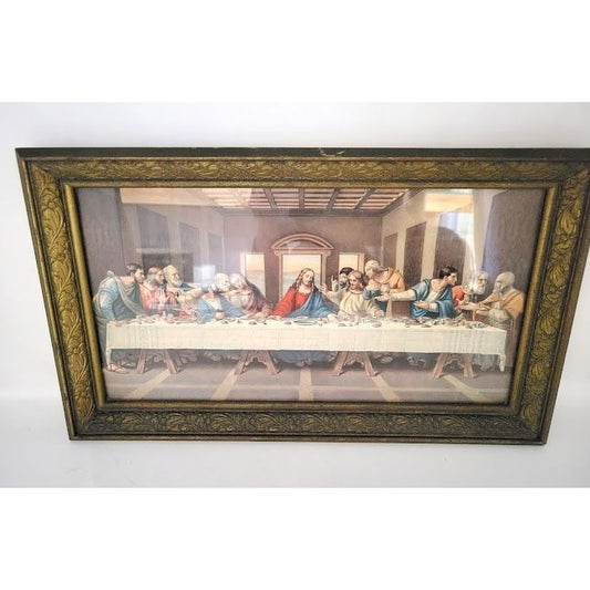 Framed vintage Jesus -The Last Supper art. Intricate textured frame. 17" long Christian Art. Jesus Christ and the Disciples