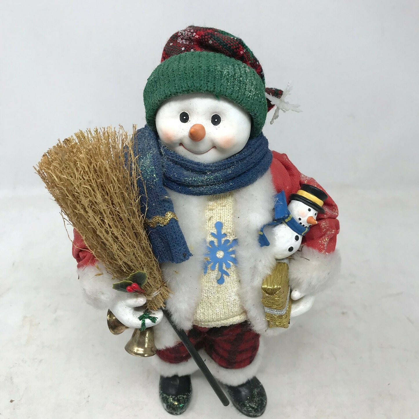 Smiling SNOWMAN with Broom and Bell CHRISTMAS Decor Holidays Xmas