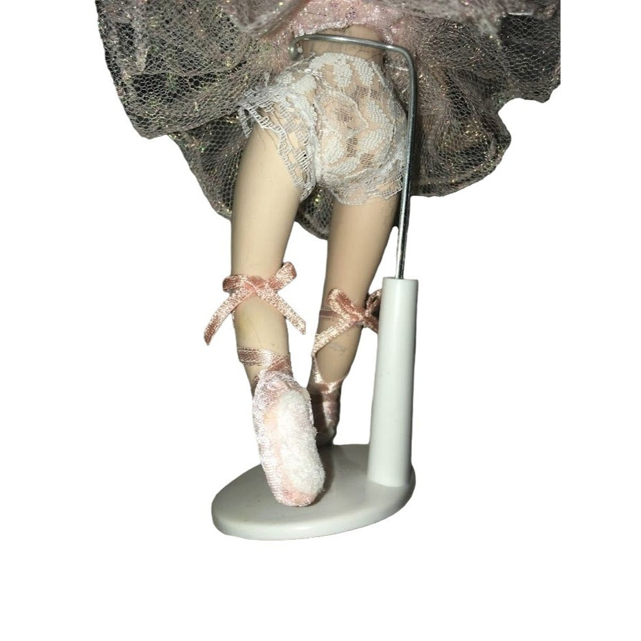 Pretty Ballerina doll in pink tutu bodice and hair decor - with toeshoes and small white stand - petite sweet young dancer piece