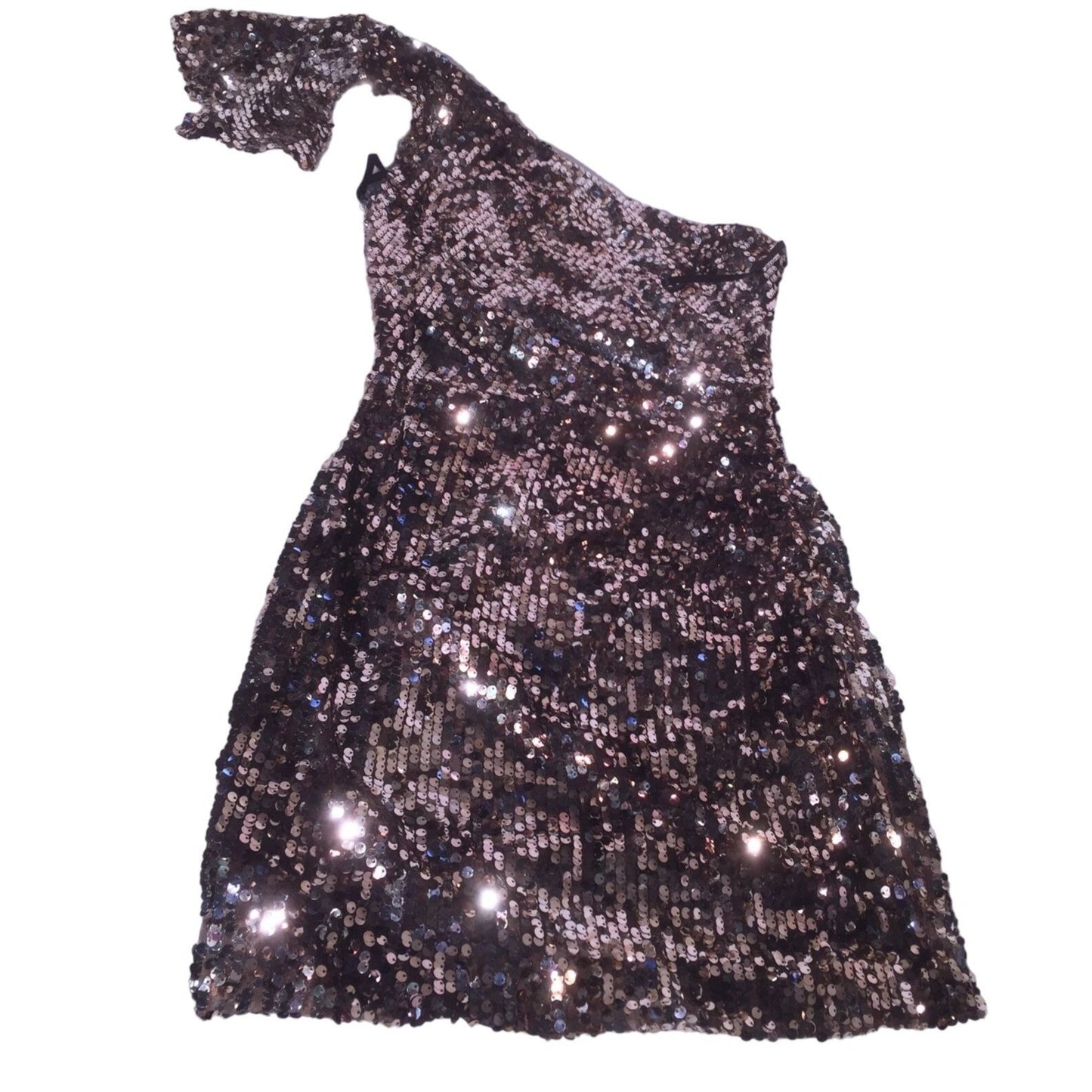 Evening Cocktail Dress - Bronze Tone Sequin one Shoulder Mini Dress Size 7