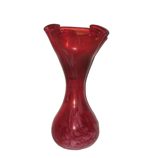 Pretty ART GLASS Handmade Red Glass Vase - white specks in bottom blending to red - approx 6.5 inches tall - Pretty petite bud vase