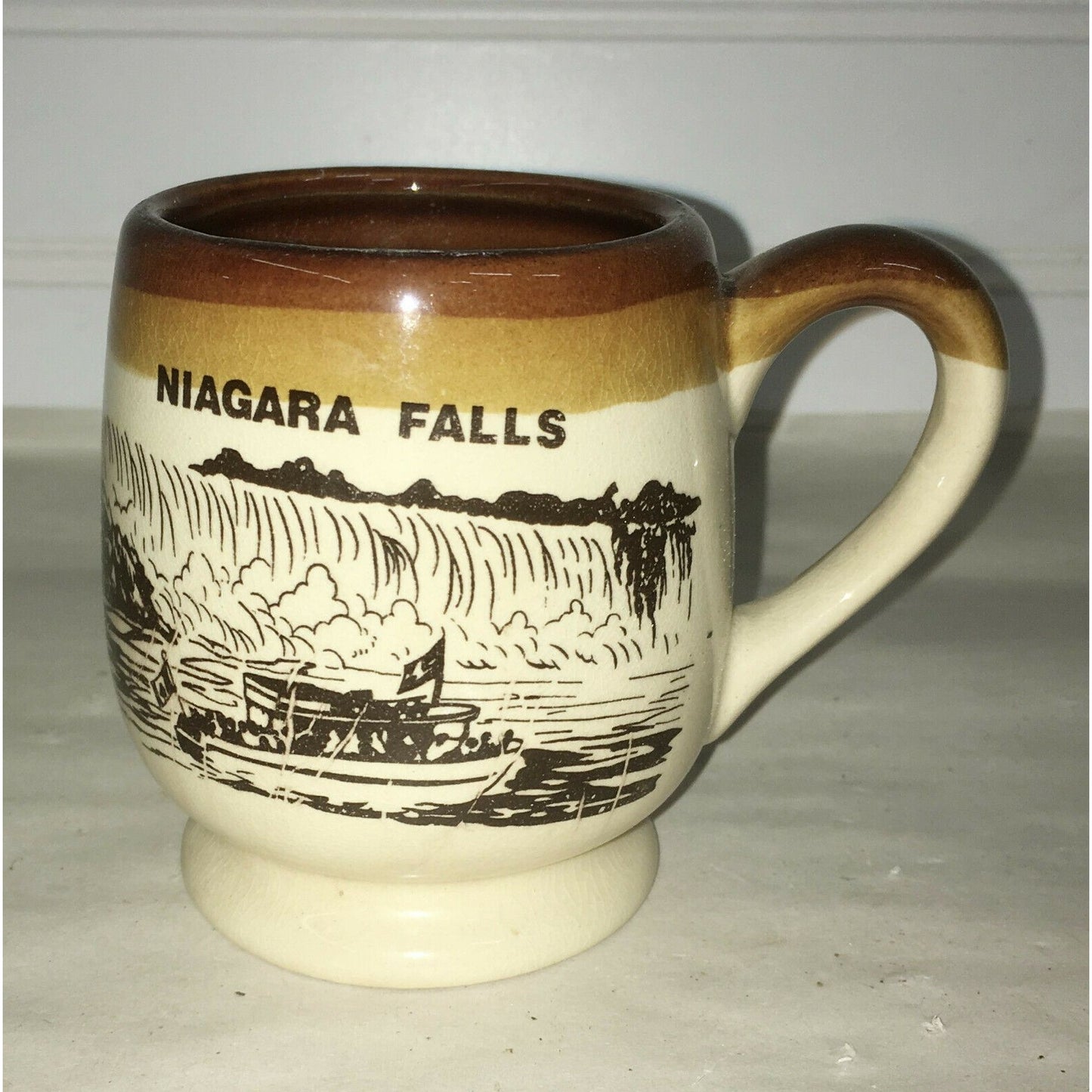 Niagara Falls Mug, Two-Tone Stoneware - Falls w Boat Art Souvenir