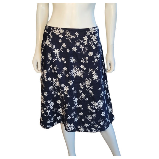 Christopher & Banks Womens Size 6 Blue Calf-Length Skirt with White Floral Pattern