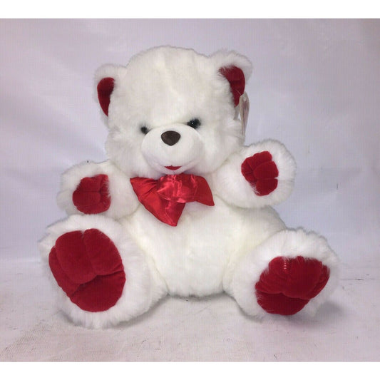 Fluffy White Stuffed VALENTINE'S DAY BEAR Plush RED Bow 16" Tall