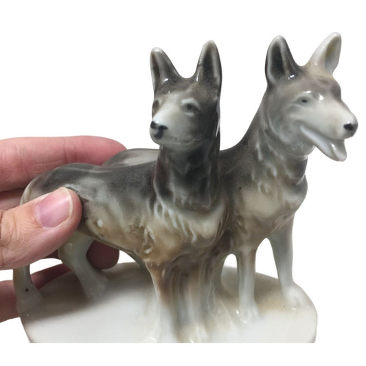 Vintage Porcelain Dog Figurine Made in Japan - 2 Grayish Brown Dogs on White Base