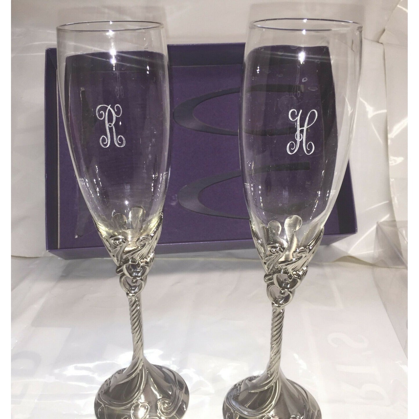 Pair WEDDING Toasting Flutes w Hearts Silver Base Etched 'R' & 'H'