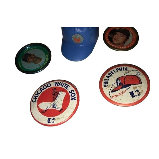 Vintage MLB Baseball collectibles - 2 pins - small plastic helmet - tin tokens - Jim Hickman - Rich Reese - sports memorabilia - baseball mo