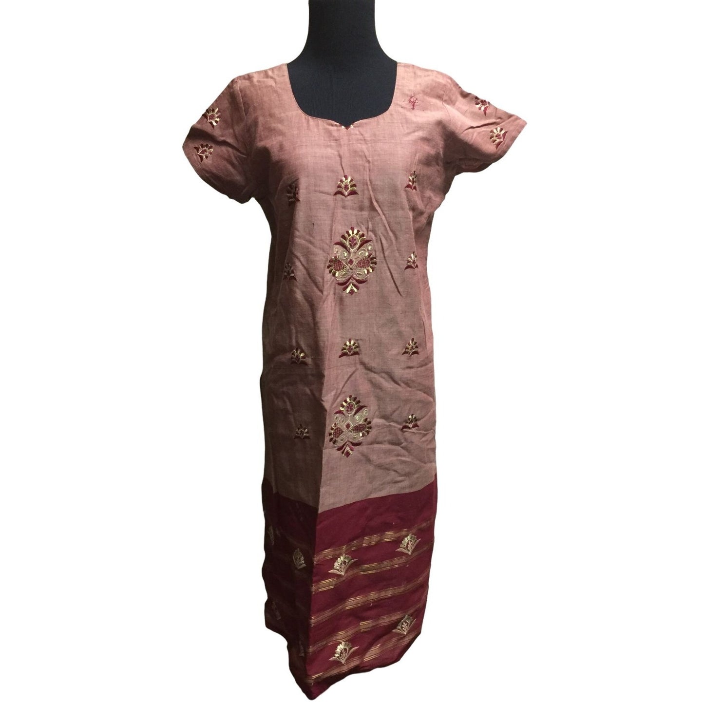 Short Sleeved Kurta with Scarf - Deep Red/Maroon and Gold