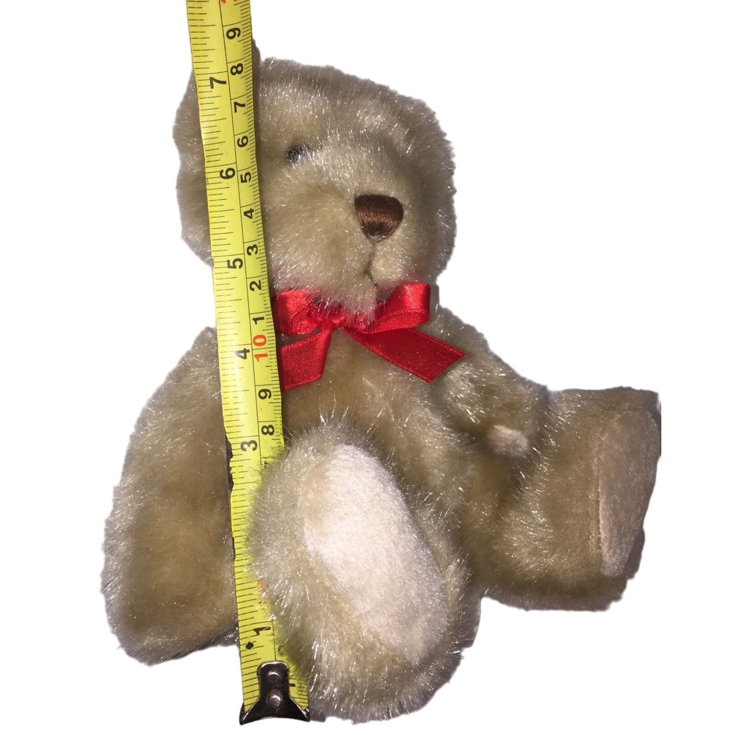 Vintage Tan Jointed Teddy Bear with Deep Red Ribbon. 7" Tall ( when sitting) - Would be a Great holder for a Holiday Gift!