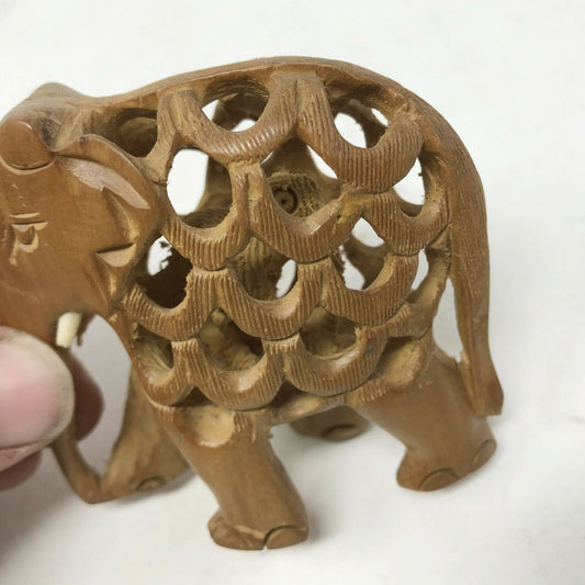 Wooden Hand Carved Elephant with Baby in Lattice Work Stomach