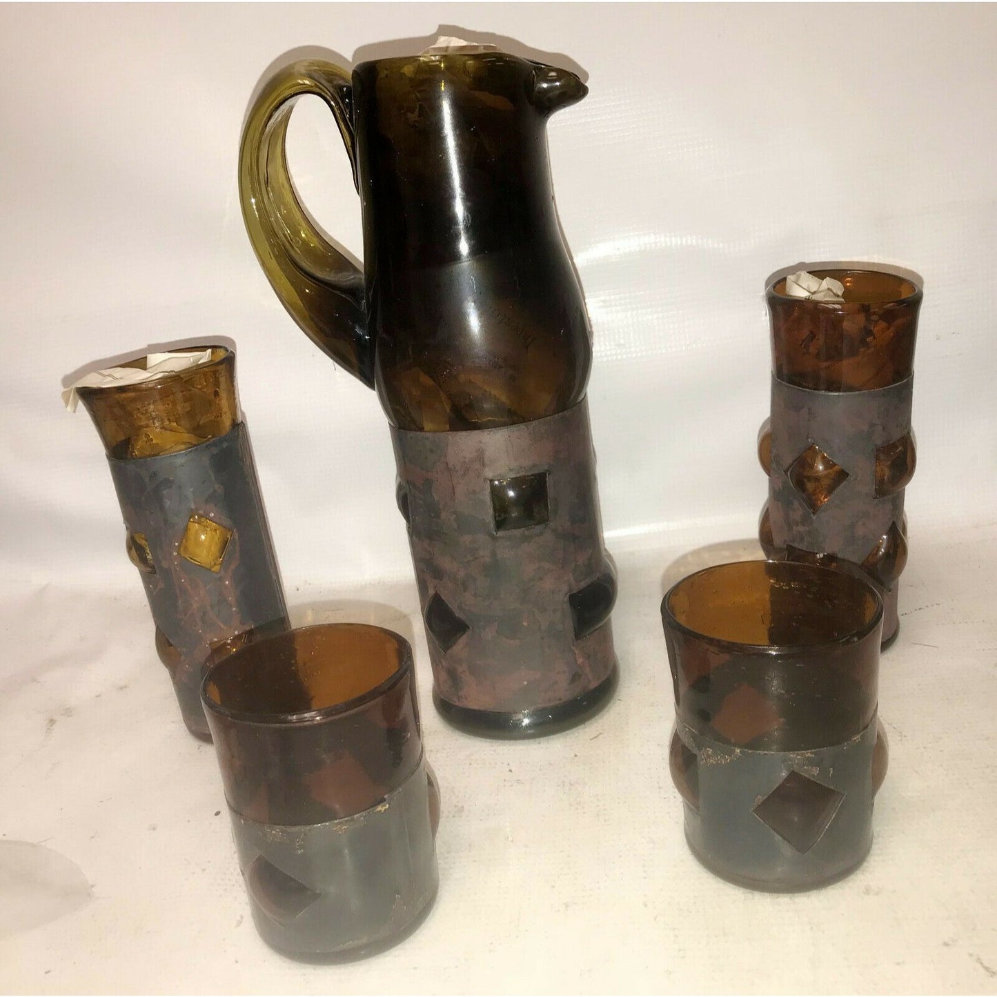 UNIQUE Amber CAGED GLASS Pitcher w Tumblers (20 & Glasses (2)