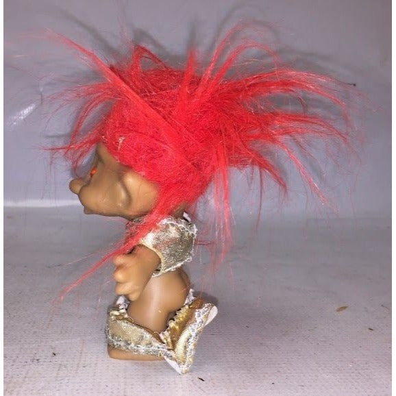 Disco Troll! Red haired troll - gem in belly - metallic looking crop top and skirt - Ace Noelty co - 5 in tall